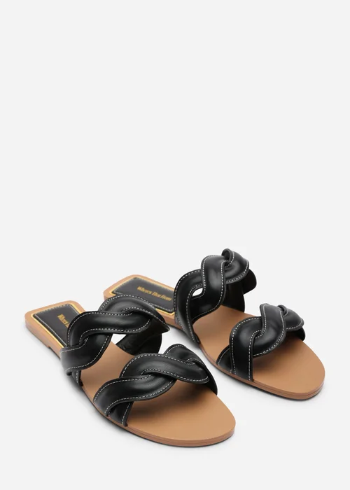 Where's That From Julietta Two Strap Braided Black Slip On Sandals With Contrast Stitching - 4 Image 4