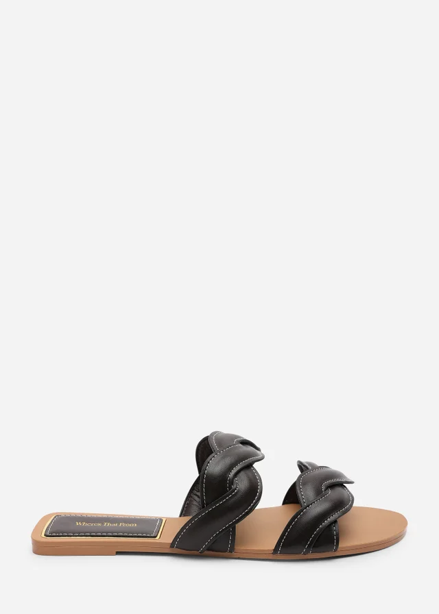 Where's That From Julietta Two Strap Braided Dark Brown Slip On Sandals With Contrast Stitching