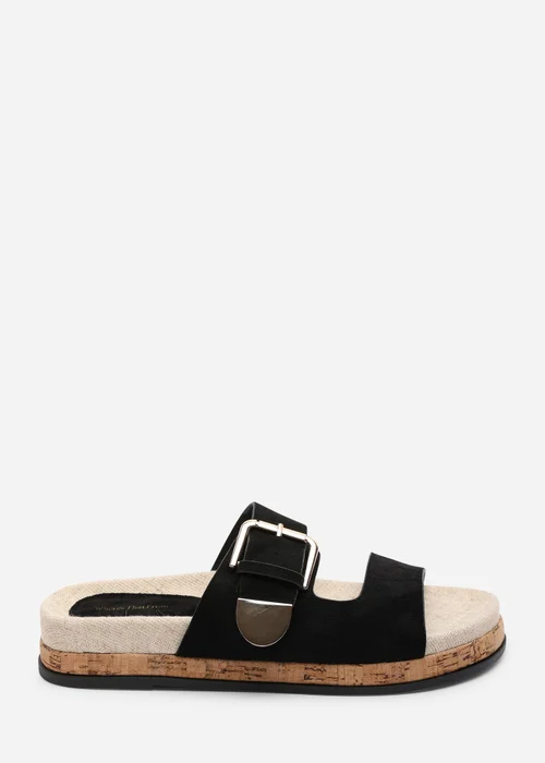 Where's That From Avenue Buckle Footbed Black Faux Suede Sandal - 4 Image 1