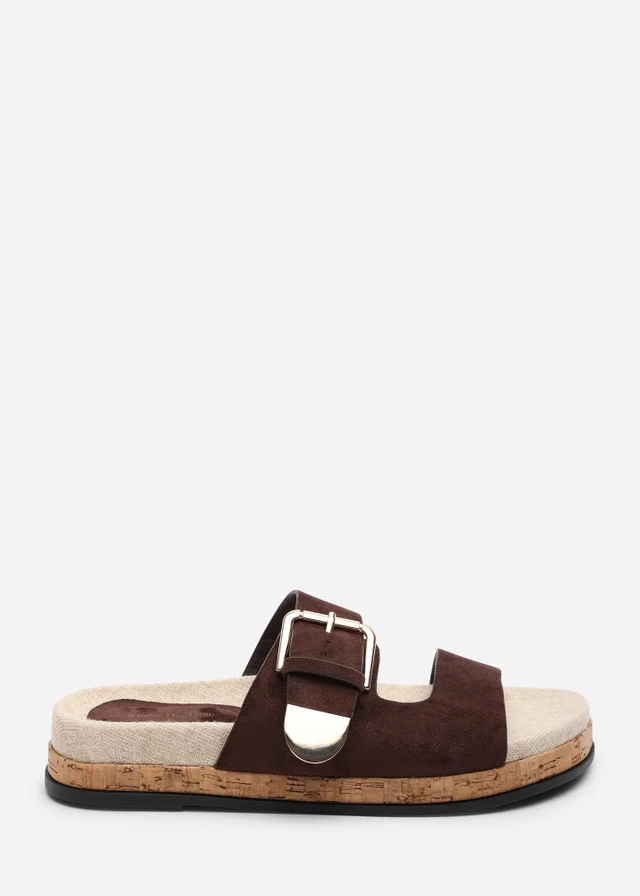 Where's That From Avenue Buckle Footbed Dark Brown Faux Suede Sandal