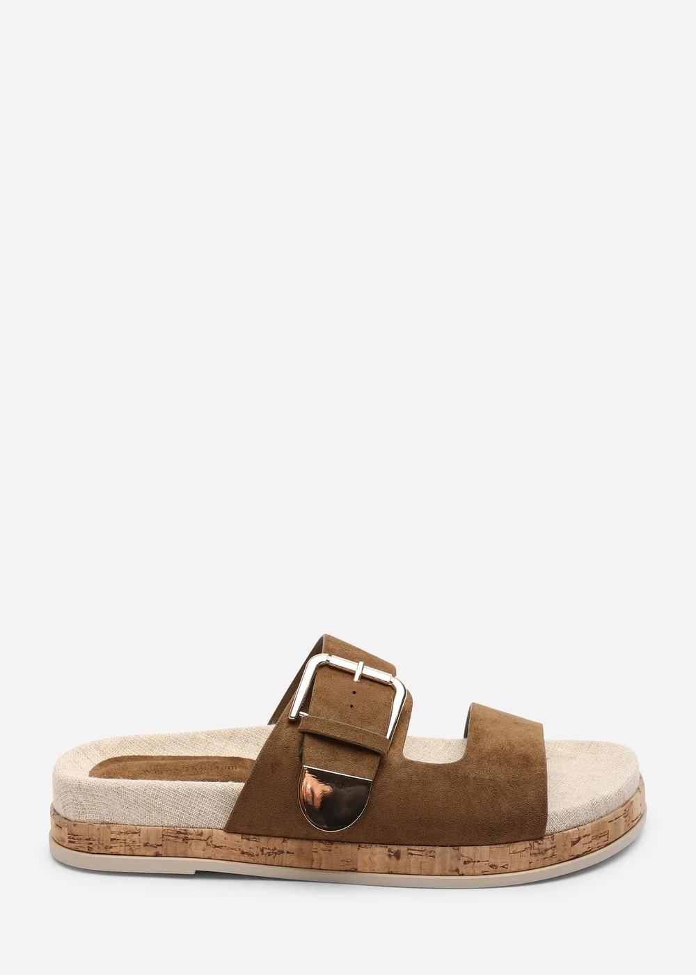 Where's That From Avenue Large Buckle Footbed Khaki Faux Suede Sandal - 5 Image 1