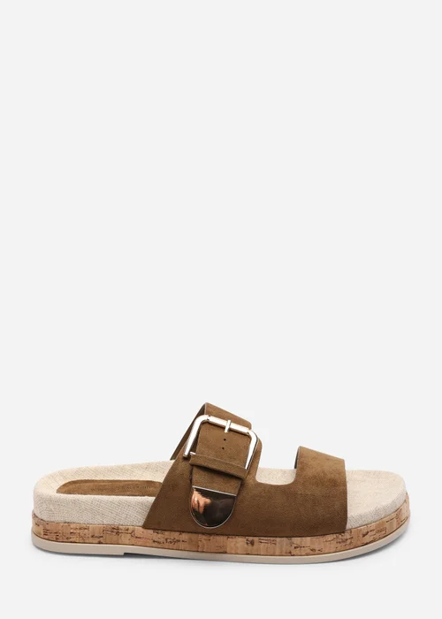 Where's That From Avenue Large Buckle Footbed Khaki Faux Suede Sandal - 5 Image 1