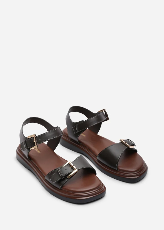Where's That From Circa Flatform Double Buckle Black Sandal