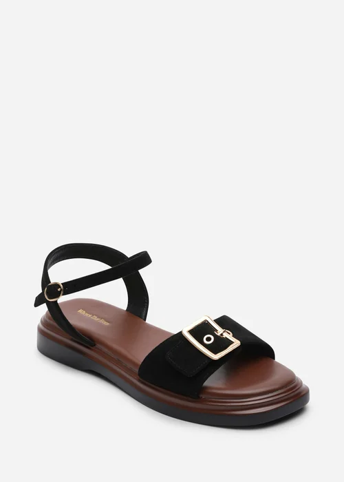 Where's That From Coastal Front Buckle Flatform Black Faux Suede Sandal - 5 Image 3