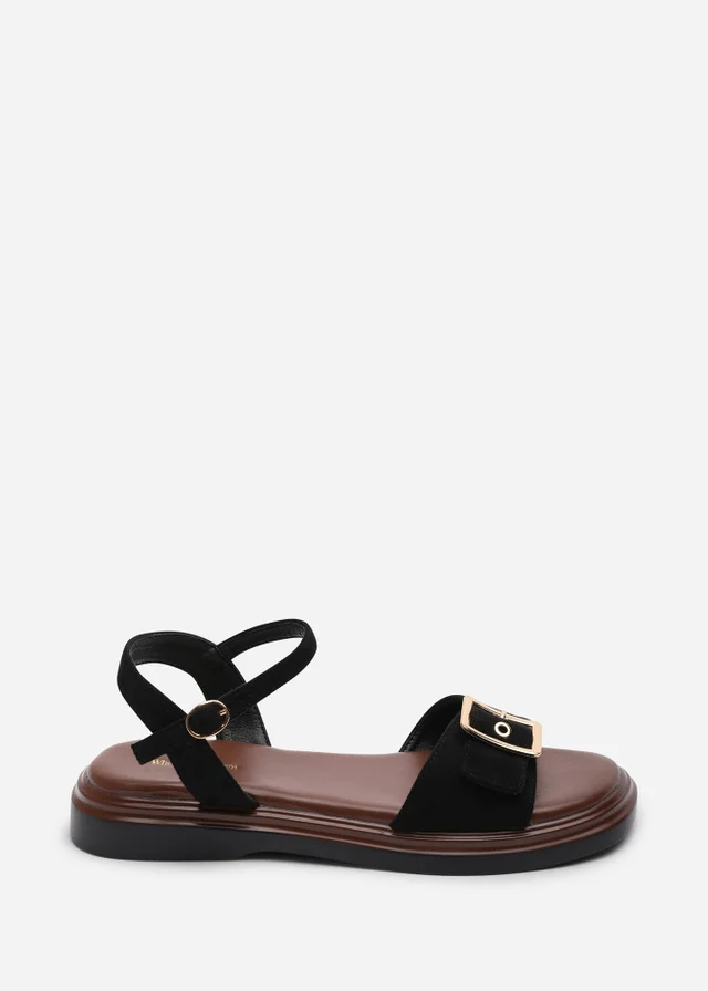 Where's That From Coastal Front Buckle Flatform Black Faux Suede Sandal