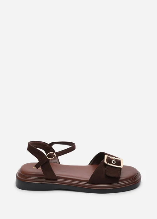 Where's That From Coastal Front Buckle Flatform Dark Brown Faux Suede Sandal - 4 Image 1