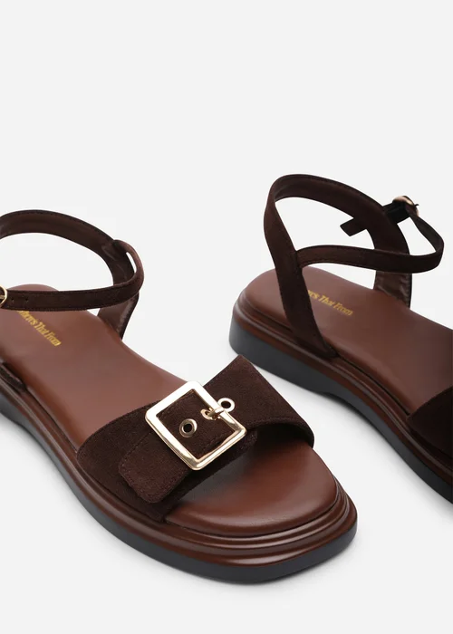 Where's That From Coastal Front Buckle Flatform Dark Brown Faux Suede Sandal - 4 Image 5