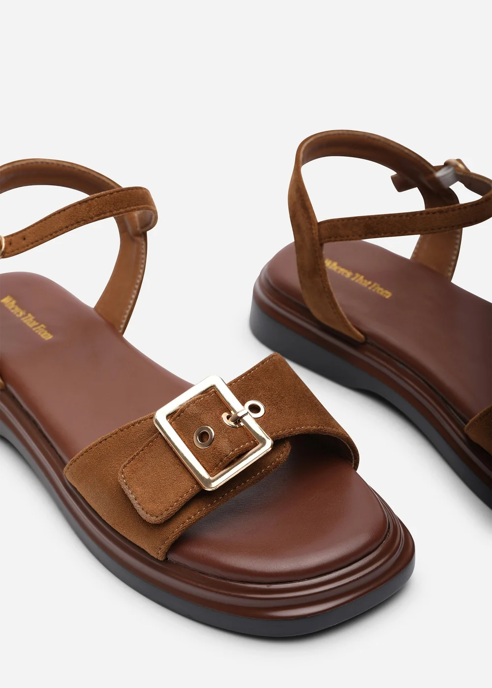 Where's That From Coastal Front Buckle Flatform Cognac Faux Suede Sandal - Size 5 Image 5