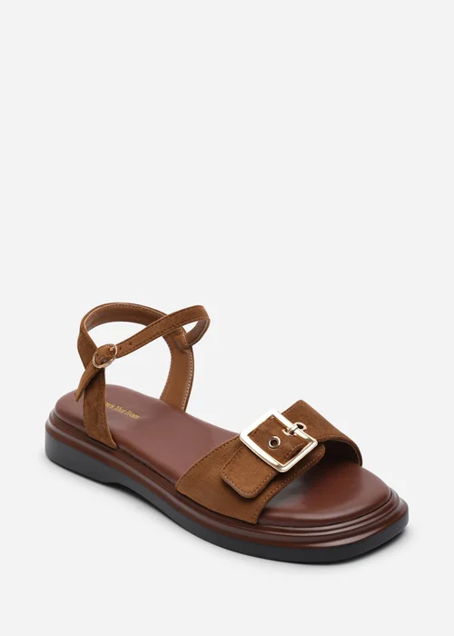 Where's That From Coastal Front Buckle Flatform Cognac Faux Suede Sandal - Size 5 Image 3