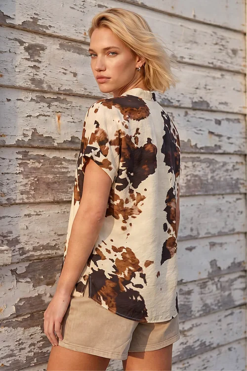 Roman Coffee Cow Print Pleat Front Top - 14 Image 3