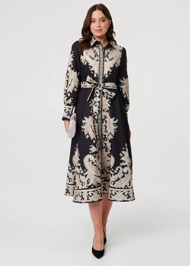 Izabel London Black Floral Border Tie Waist Midi Dress