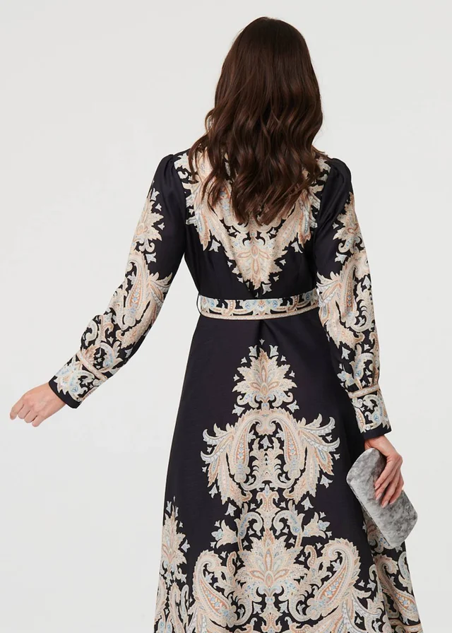 Izabel London Black Floral Border Tie Waist Midi Dress
