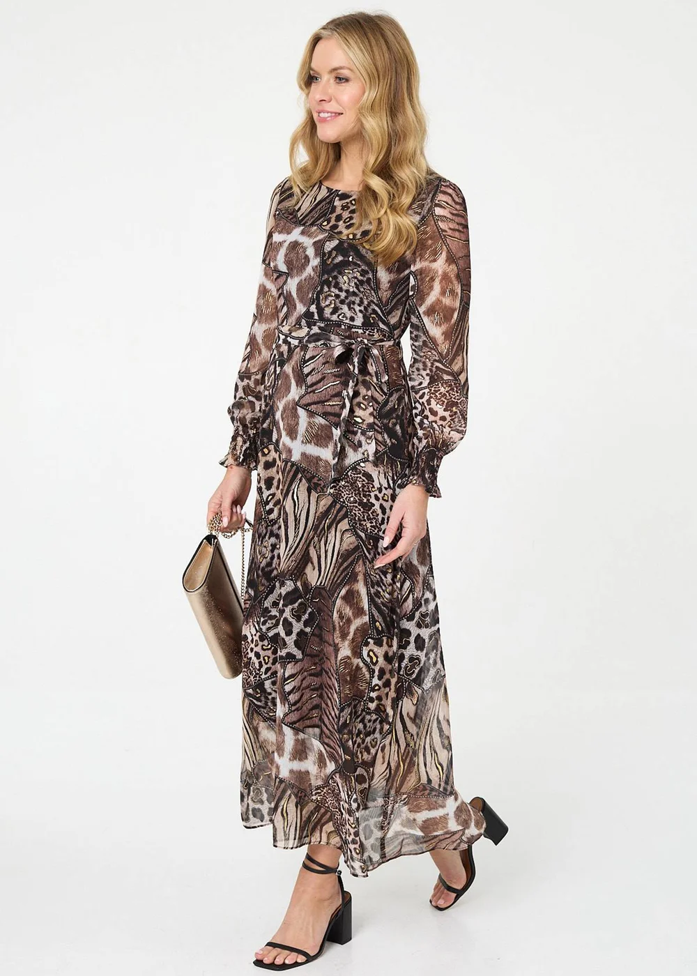 Izabel London Brown Embellished Animal Print Maxi Dress - 8 Image 1