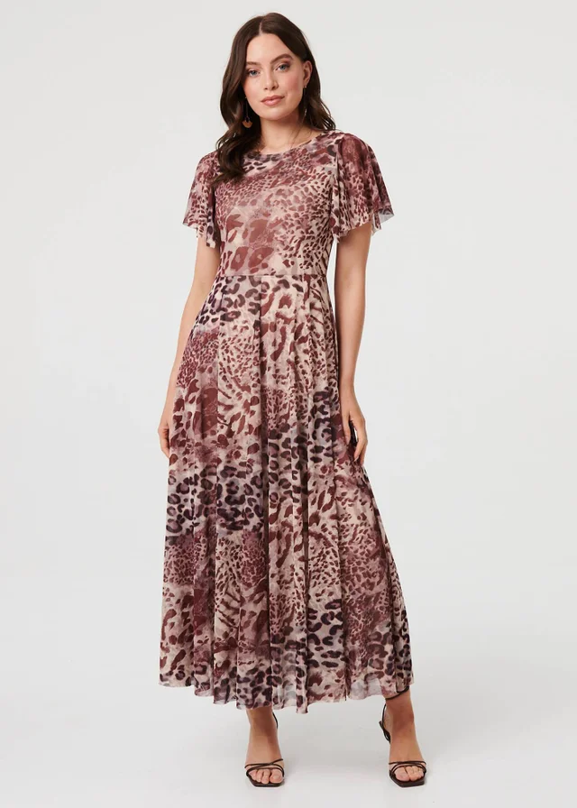 Izabel London Brown Animal Print Angel Sleeve Maxi Dress