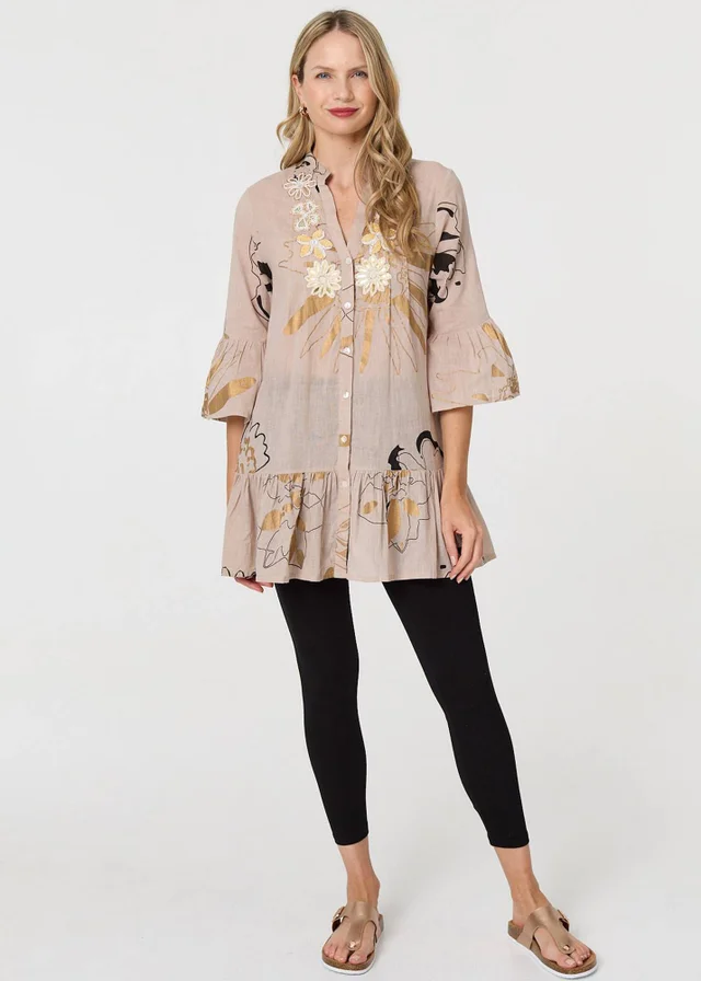Izabel London Pink Floral Lace 3/4 Sleeve Frill Short Dress