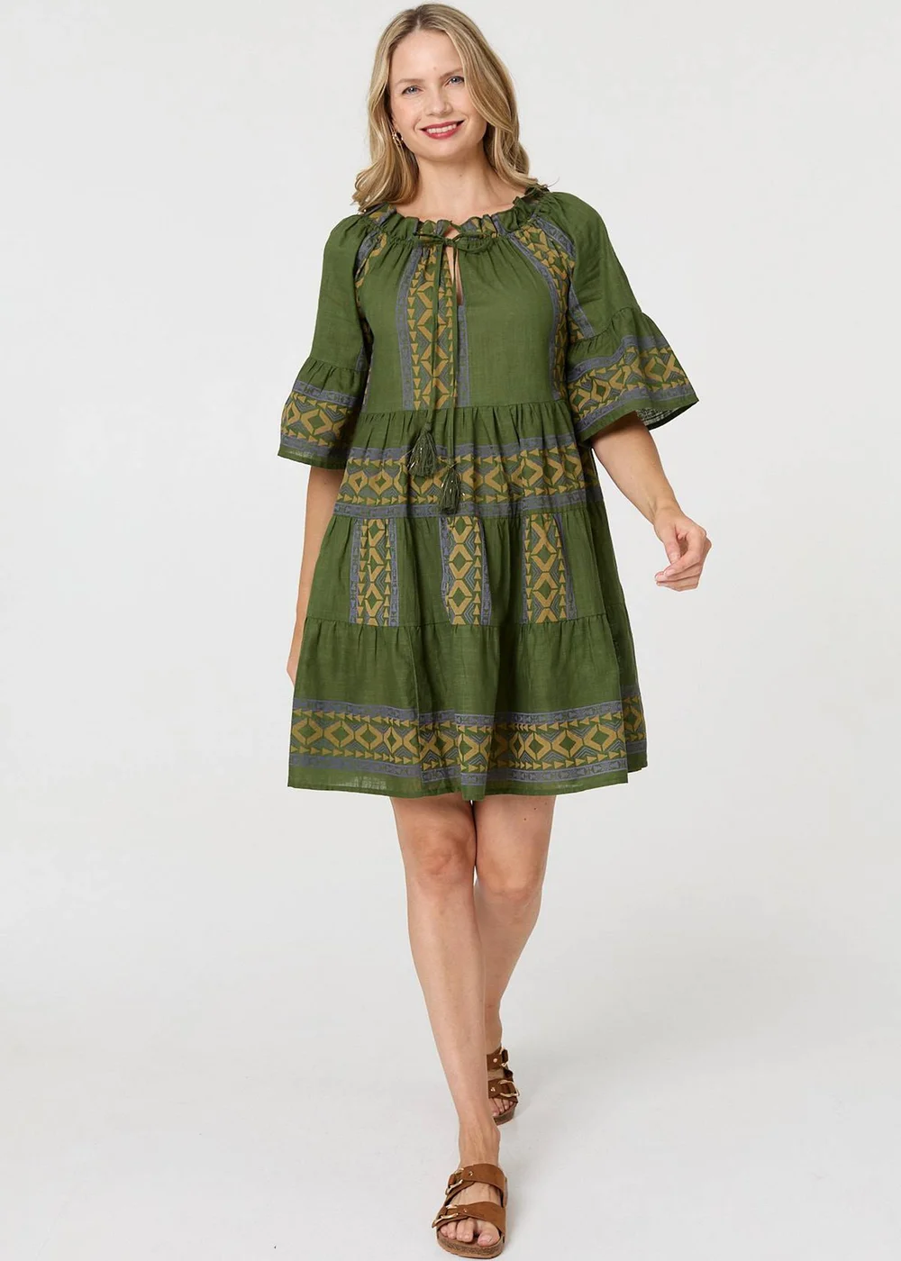Izabel London Green Embroidered 1/2 Flare Sleeve Short Dress - 14 Image 1