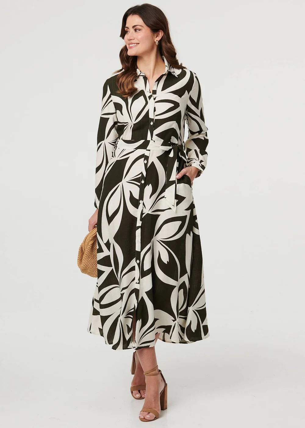 Izabel London Khaki Abstract Floral Maxi Shirt Dress - 18 Image 1