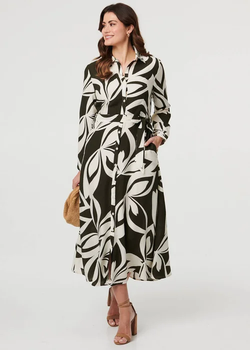 Izabel London Khaki Abstract Floral Maxi Shirt Dress - 18 Image 1