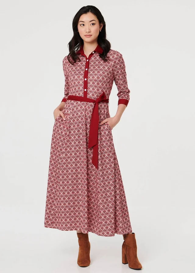 Izabel London Pink Printed 3/4 Sleeve Tie Waist Maxi Dress