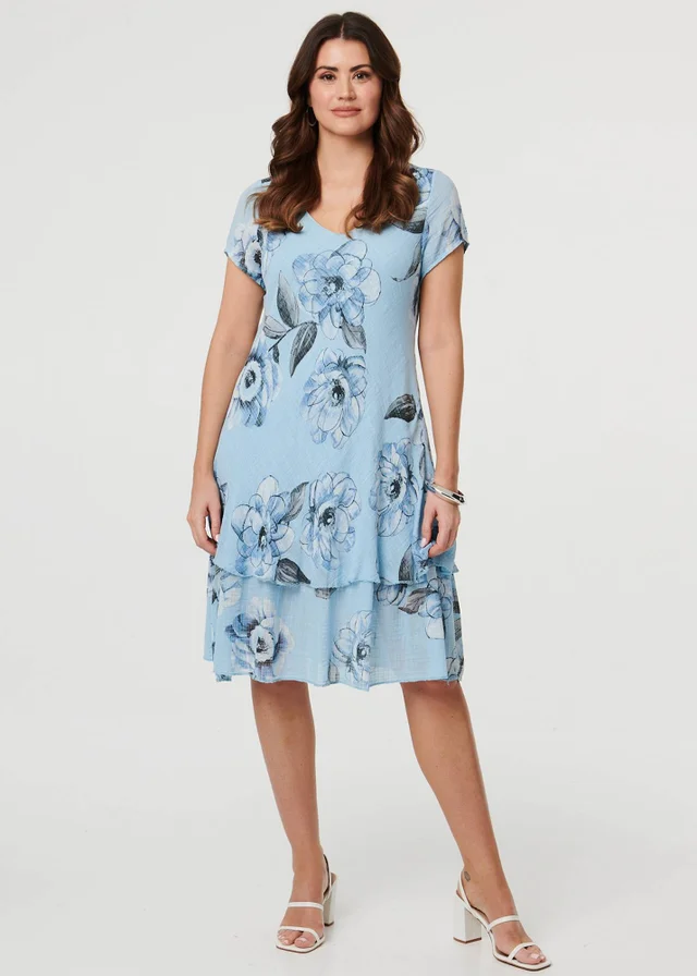 Izabel London Blue Floral Frilled Hem Knee Length Dress
