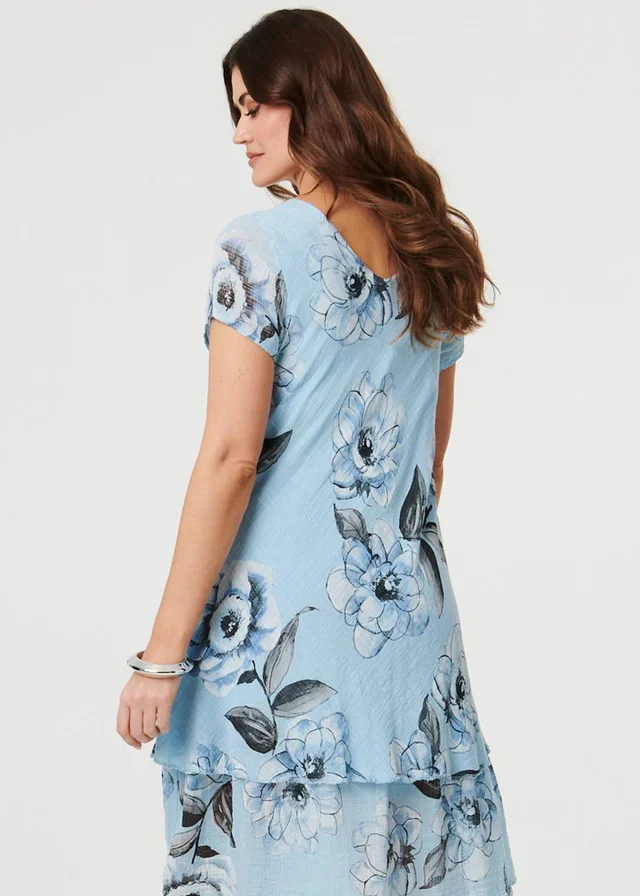 Izabel London Blue Floral Frilled Hem Knee Length Dress