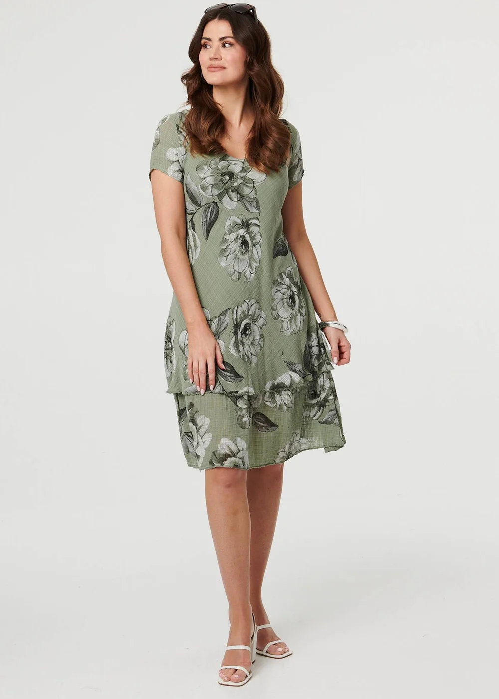 Izabel London Khaki Floral Frilled Hem Knee Length Dress - 14 Image 1