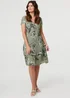 Izabel London Khaki Floral Frilled Hem Knee Length Dress - 14 Image 1