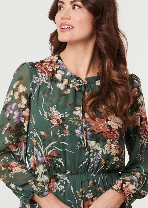 Izabel London Green Floral Tiered Long Sleeve Midi Dress - 14 Image 3