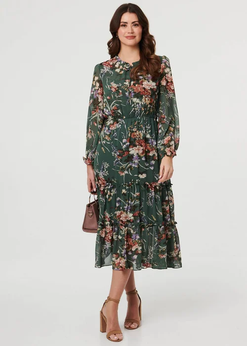 Izabel London Green Floral Tiered Long Sleeve Midi Dress - 14 Image 1