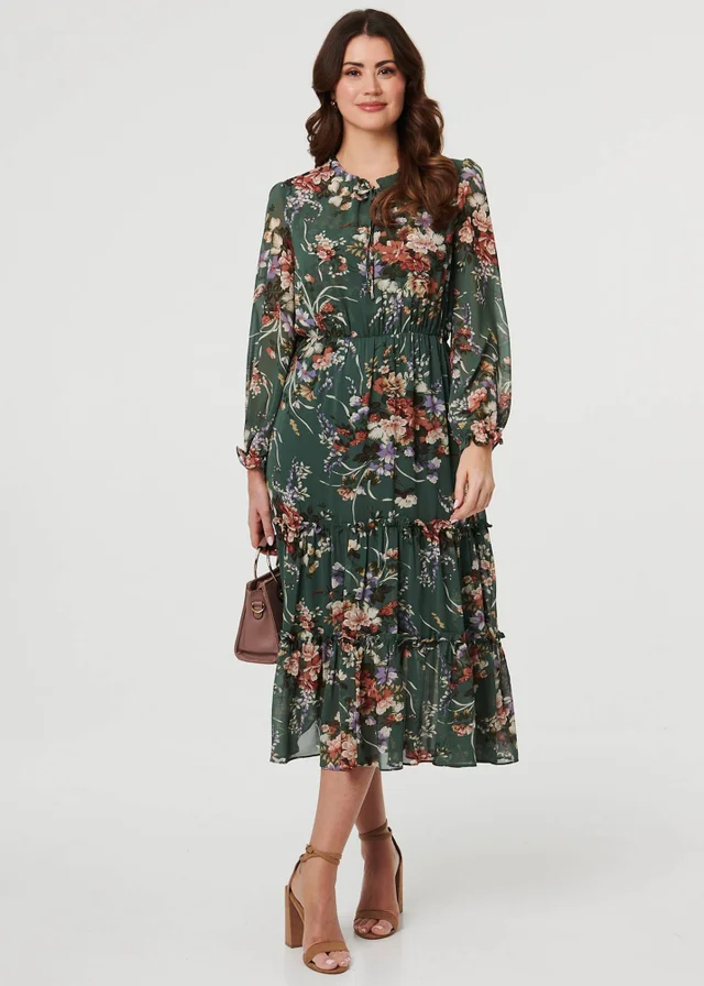 Izabel London Green Floral Tiered Long Sleeve Midi Dress