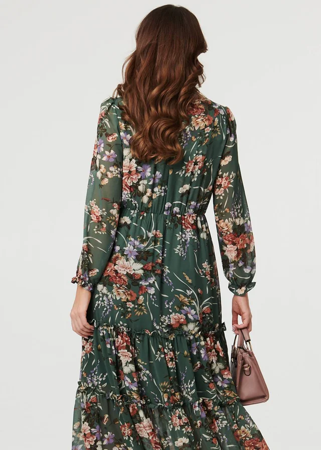Izabel London Green Floral Tiered Long Sleeve Midi Dress