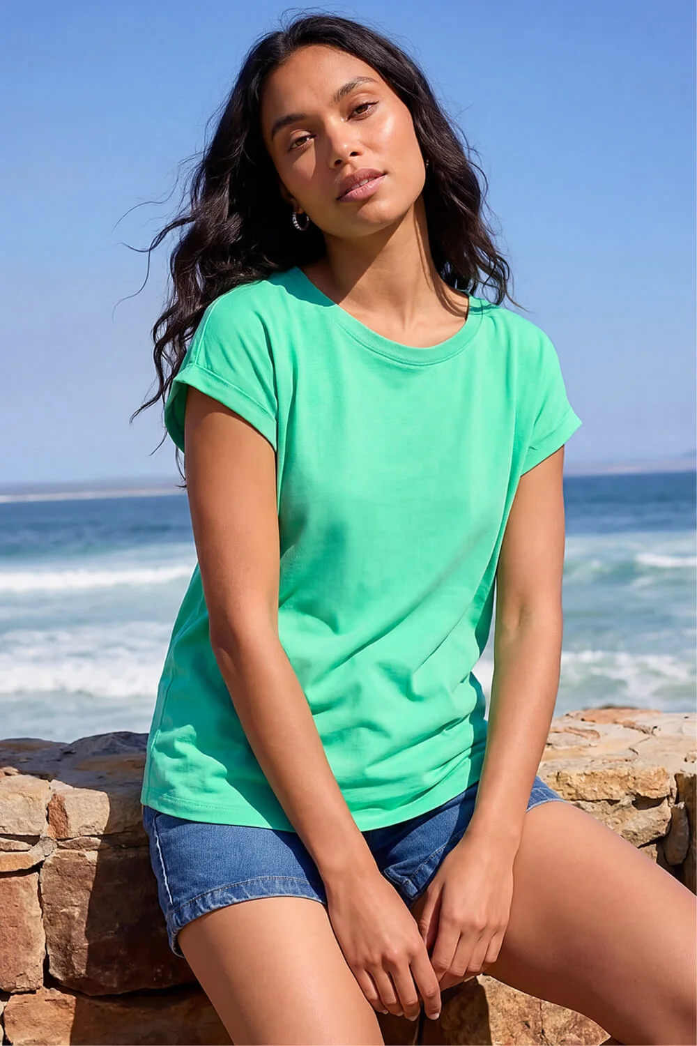 Roman Aqua Plain Stretch Cotton Jersey T-Shirt - 10 Image 1