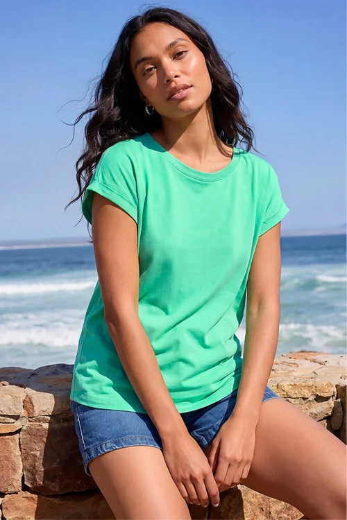 Roman Aqua Plain Stretch Cotton Jersey T-Shirt - 10 Image 1