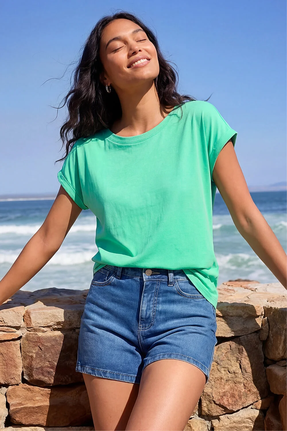 Roman Aqua Plain Stretch Cotton Jersey T-Shirt - 10 Image 2
