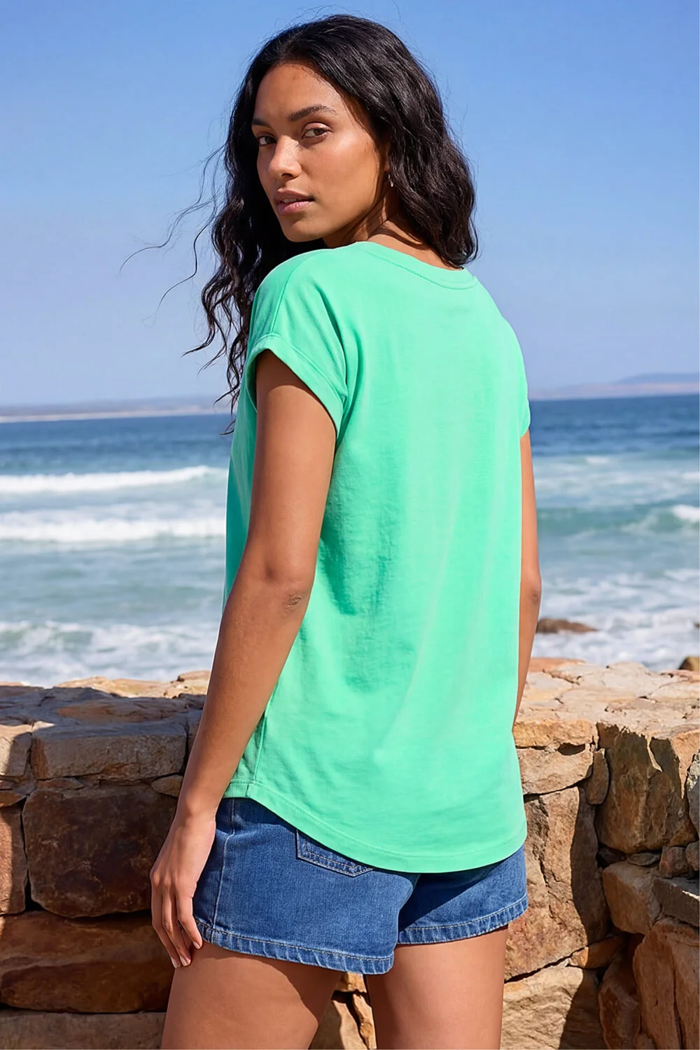 Roman Aqua Plain Stretch Cotton Jersey T-Shirt - 10 Image 3