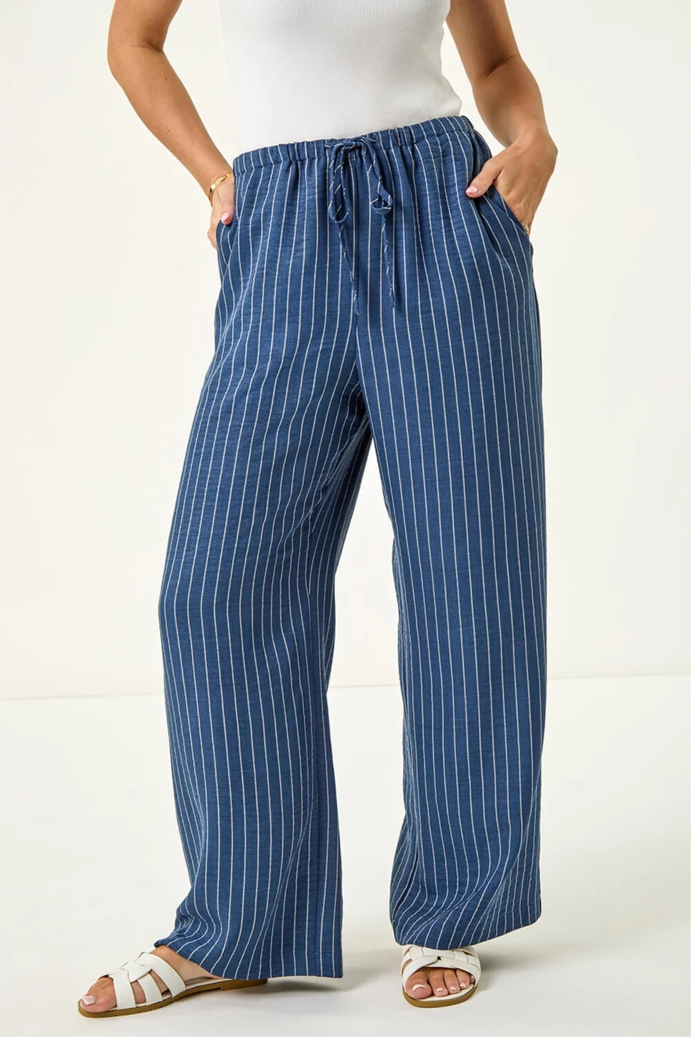 Roman Blue Petite Stripe Pull On Stretch Trouser - 16 Image 4