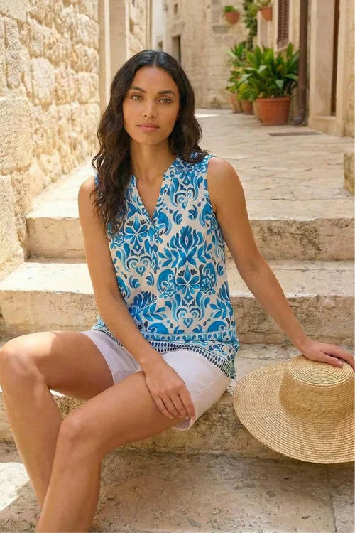 Roman Blue Floral Border Print V-Neck Top - 10 Image 1