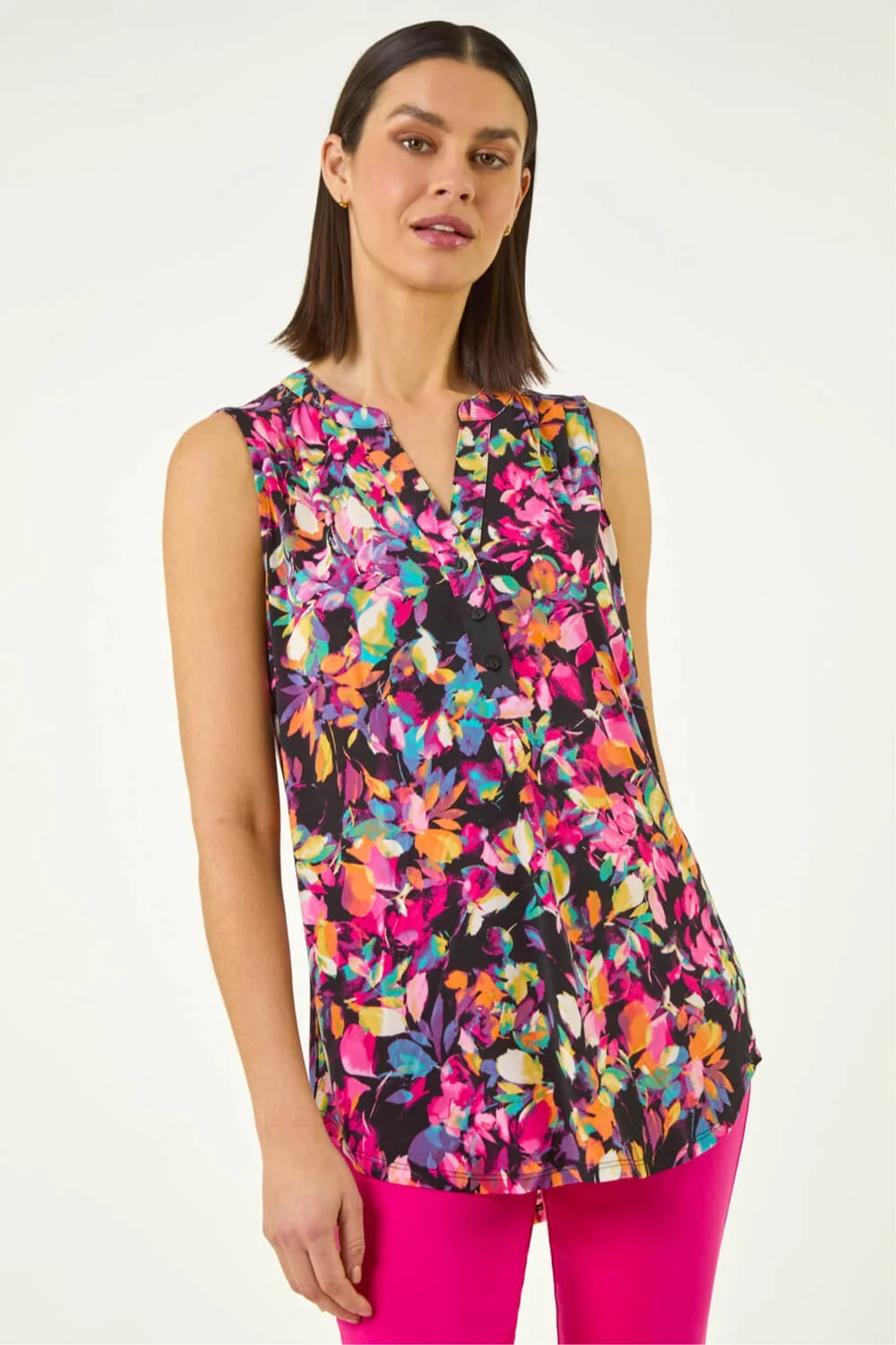 Roman Black Abstract Print Stretch Vest Top - 16 Image 1