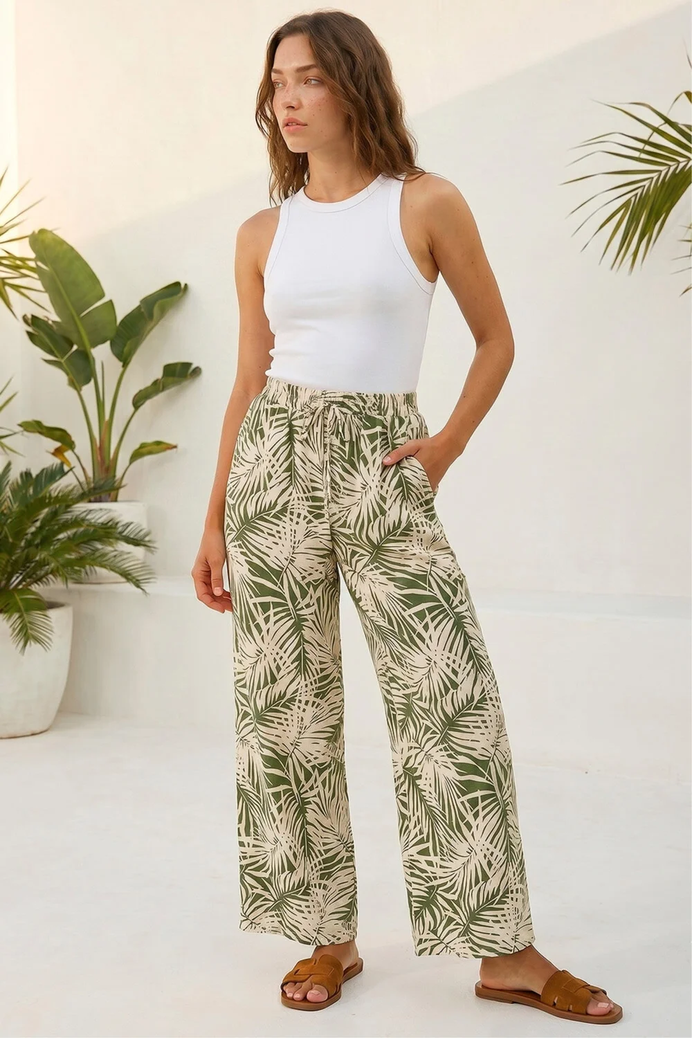 Roman Khaki Petite Leaf Print Wide Leg Trouser - 10 Image 1