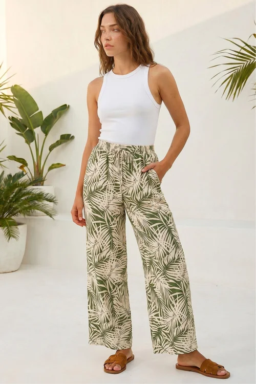 Roman Khaki Petite Leaf Print Wide Leg Trouser - 10 Image 1