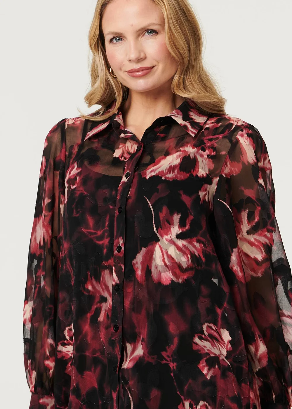 Izabel London Black Floral Semi Sheer Balloon Sleeve Shirt - 14 Image 3
