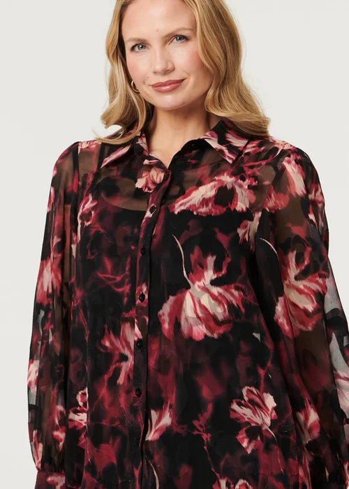 Izabel London Black Floral Semi Sheer Balloon Sleeve Shirt - 14 Image 3