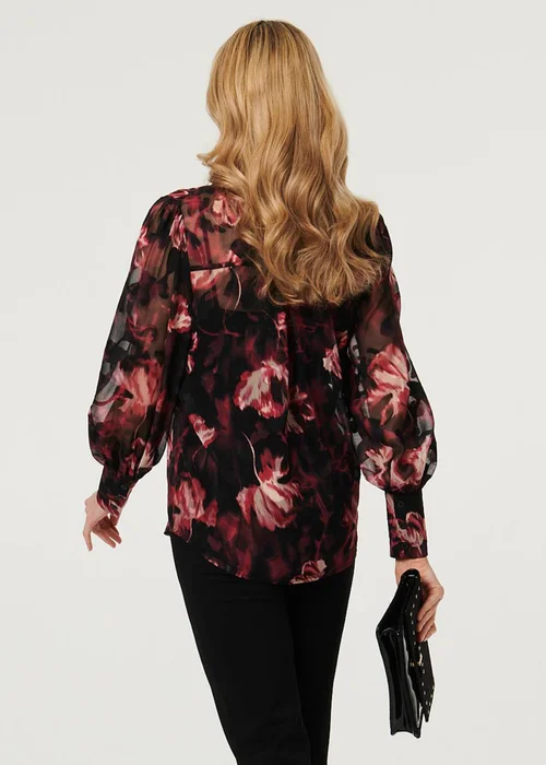 Izabel London Black Floral Semi Sheer Balloon Sleeve Shirt - 14 Image 2