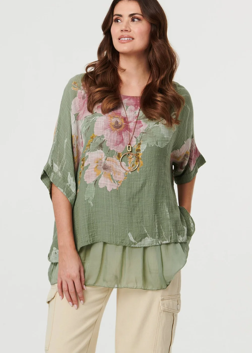 Izabel London Khaki Floral 3/4 Sleeve Layered Tunic Blouse - 8 Image 4