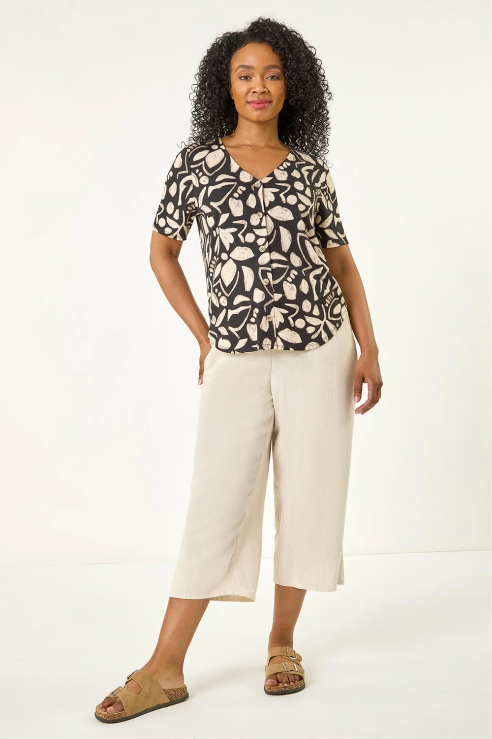 Roman Black Petite Abstract V-Neck Stretch Blouse - 14 Image 2