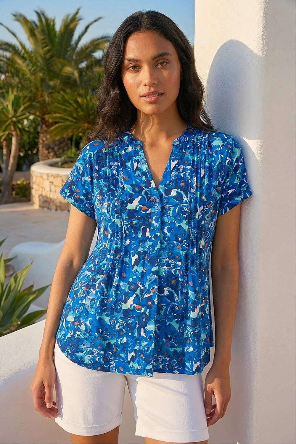 Roman Blue Floral Print Pintuck Stretch Shirt - 18 Image 2