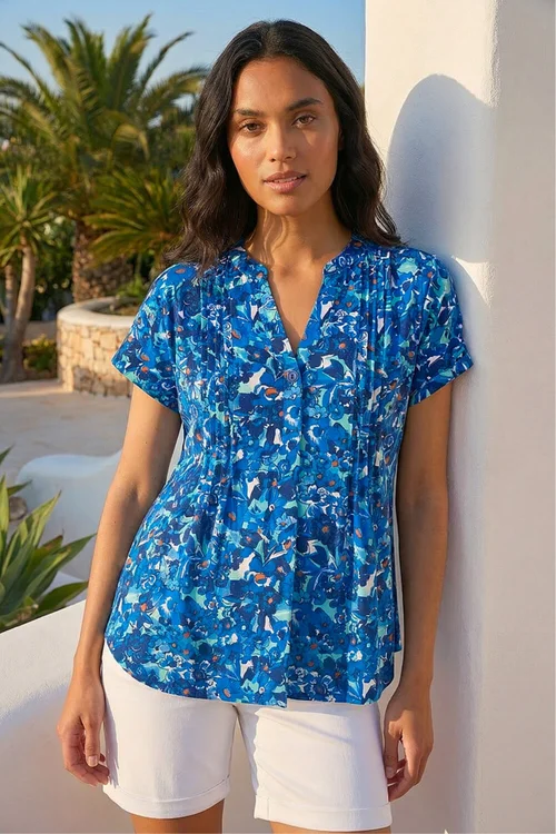 Roman Blue Floral Print Pintuck Stretch Shirt - 18 Image 2