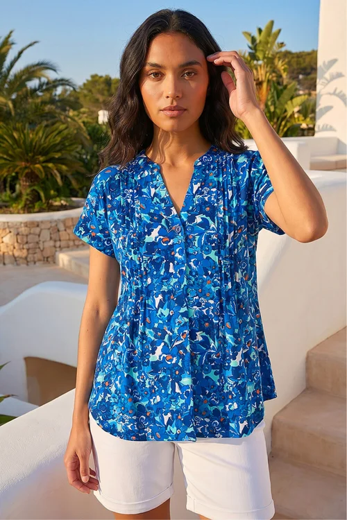 Roman Blue Floral Print Pintuck Stretch Shirt - 18 Image 1