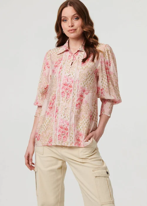 Izabel London Pink Floral Lace Trim 3/4 Puff Sleeve Shirt - 16 Image 4