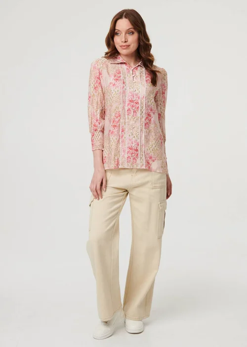 Izabel London Pink Floral Lace Trim 3/4 Puff Sleeve Shirt - 16 Image 1